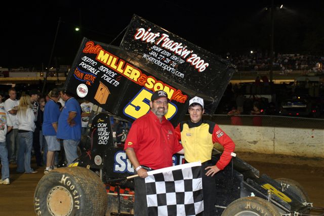 Paul Miller in victory lane
Winner of the Sportsman 100 and his promoter Kirk Wise
