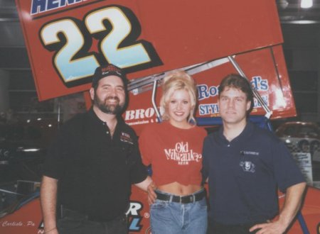 Kirk, Lynn, and Mark Smith representing Old Milwaukee Racing
Who would have guessed from this old shot that I would go on own the Dirt Trackin' show, Lynn wiuld win and be Ms. Dirt Trackin', he's win a track championship at the Springs, and they would become husband and wife .
