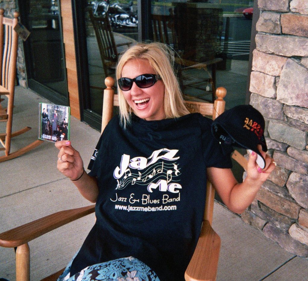 Leah with Jazz Me "Live on a Stage" CD, T-shirt, and Hat
CD's and DVD's now available for only a $10 donation plus $2 for shipping. Three CD's to choose from. Hats and t-shirts are periodically available. Contact the Wise Guy at 717-979-0341 for more information.
